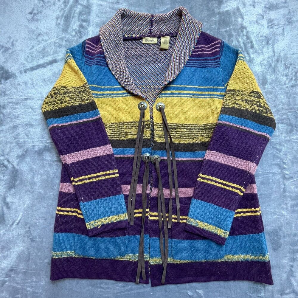 Wrangler Sweater Womens Large Southwest Cardigan Leather‎ Tassels Cowboy Western